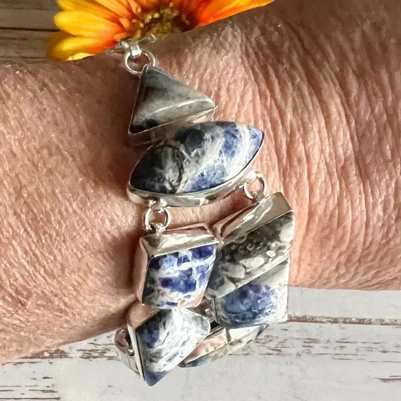 Sodalite Bracelet Handmade Stone Gemstone 925 Silver Large Ethnic Bohemian New!
